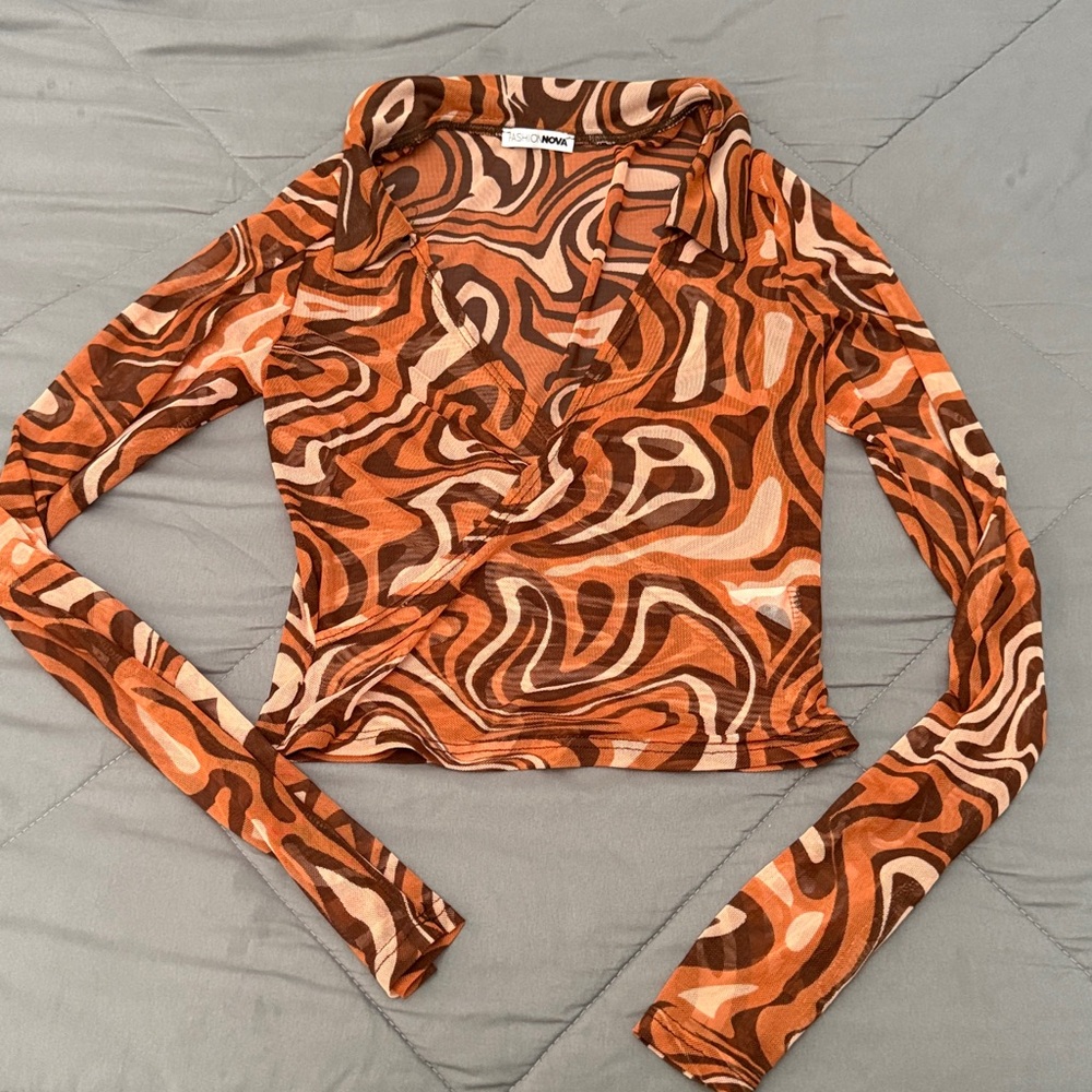 Fashion Nova Vibrant Orange and Brown Patterned Crop Top